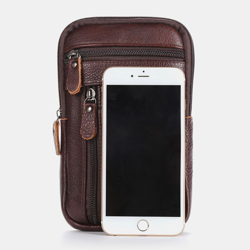 Hommes En Cuir Véritable Grande Capacité Vintage 6.5 Pouces Sac De Téléphone Sac De Taille Sac À Bandoulière Sac À Bandoulière