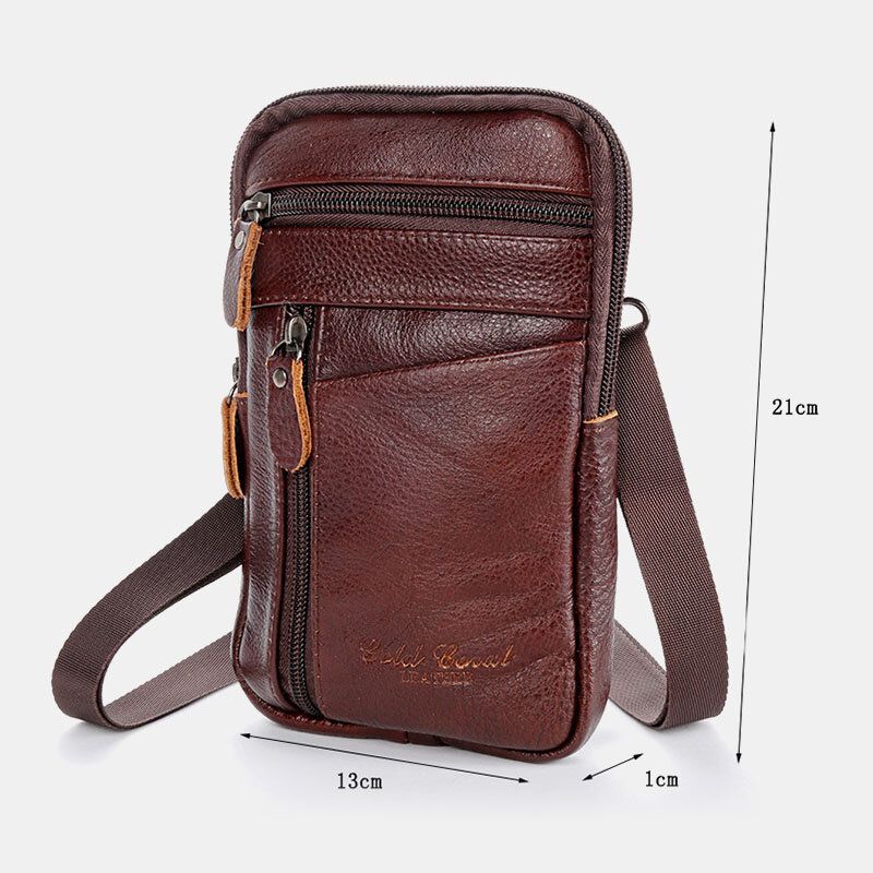 Hommes En Cuir Véritable Grande Capacité Vintage 6.5 Pouces Sac De Téléphone Sac De Taille Sac À Bandoulière Sac À Bandoulière