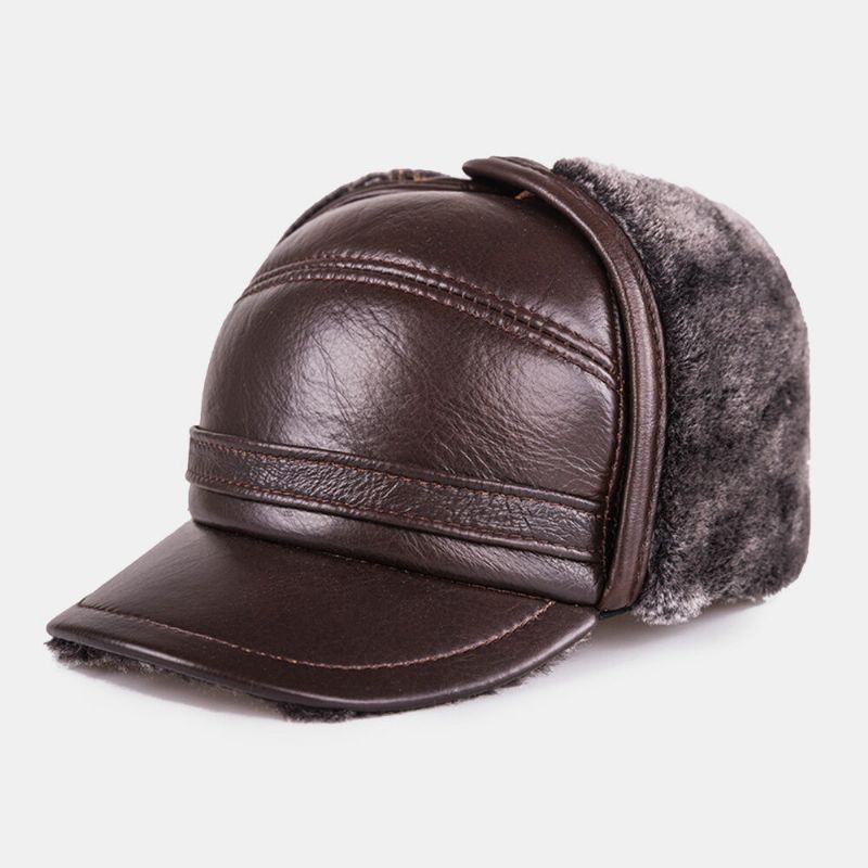 Hommes En Cuir Véritable Hiver Épaissir Chaleur Casquette De Baseball Protection Oreille Intégrée Cache-oreilles Conception D'âge Moyen Chapeau En Cuir Chapeau De Trappeur