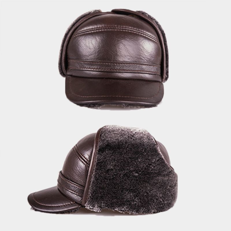 Hommes En Cuir Véritable Hiver Épaissir Chaleur Casquette De Baseball Protection Oreille Intégrée Cache-oreilles Conception D'âge Moyen Chapeau En Cuir Chapeau De Trappeur