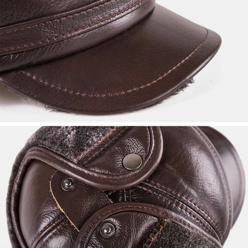 Hommes En Cuir Véritable Hiver Épaissir Chaleur Casquette De Baseball Protection Oreille Intégrée Cache-oreilles Conception D'âge Moyen Chapeau En Cuir Chapeau De Trappeur