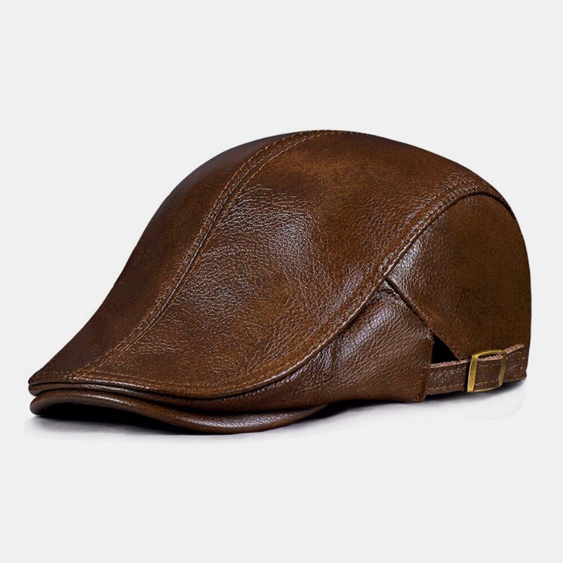 Hommes En Cuir Véritable Mince Respirant Réglable Béret Casquette Rétro Bord Incurvé D'âge Moyen Personnes Âgées Avant Casquettes