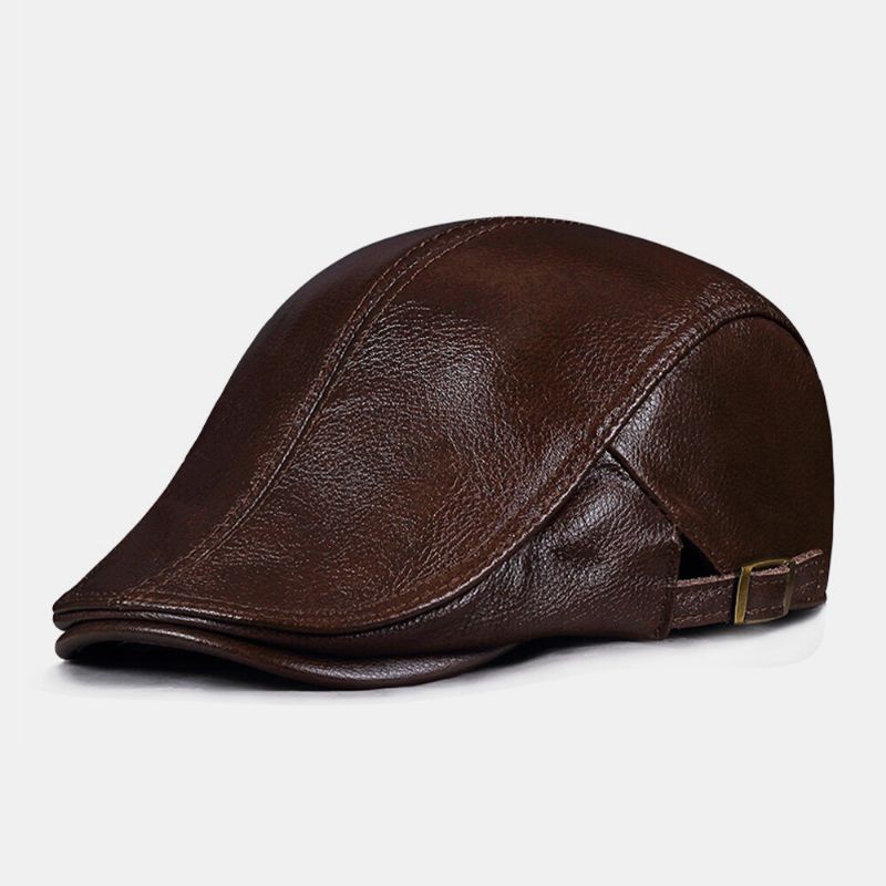 Hommes En Cuir Véritable Mince Respirant Réglable Béret Casquette Rétro Bord Incurvé D'âge Moyen Personnes Âgées Avant Casquettes