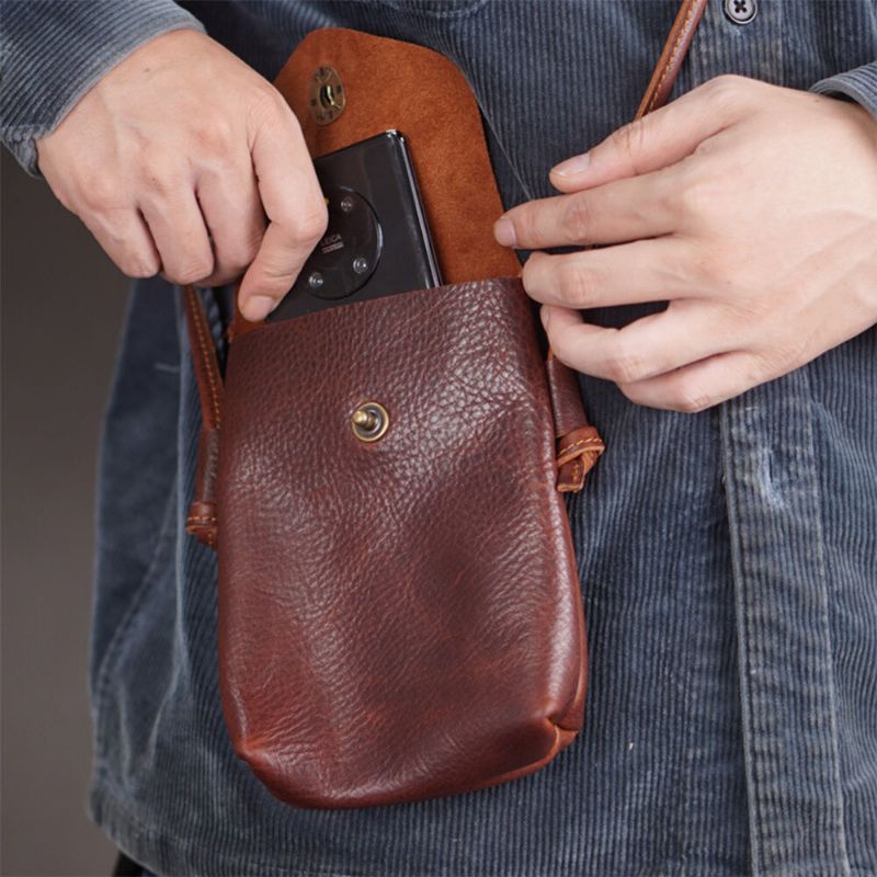 Hommes En Cuir Véritable Moraillon 6.5 Pouces Téléphone Sac Portable Étanche Sac À Bandoulière Sac À Bandoulière