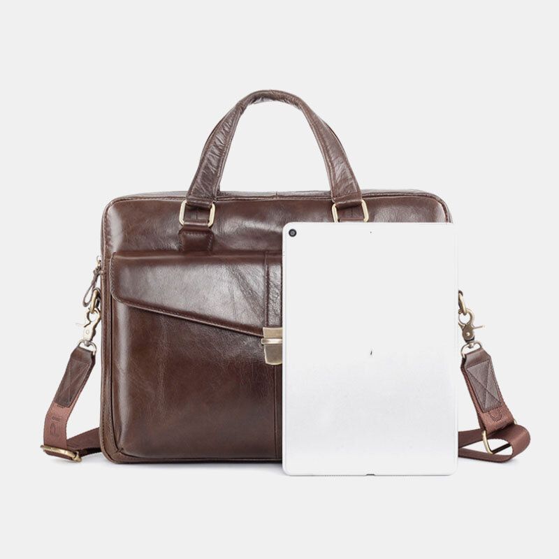 Hommes En Cuir Véritable Multi-fonction Rétro Couleur Unie Grande Capacité Sac À Main Sac À Bandoulière Sac À Bandoulière