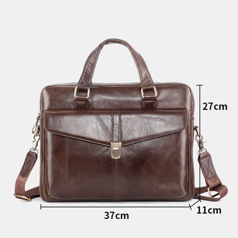 Hommes En Cuir Véritable Multi-fonction Rétro Couleur Unie Grande Capacité Sac À Main Sac À Bandoulière Sac À Bandoulière