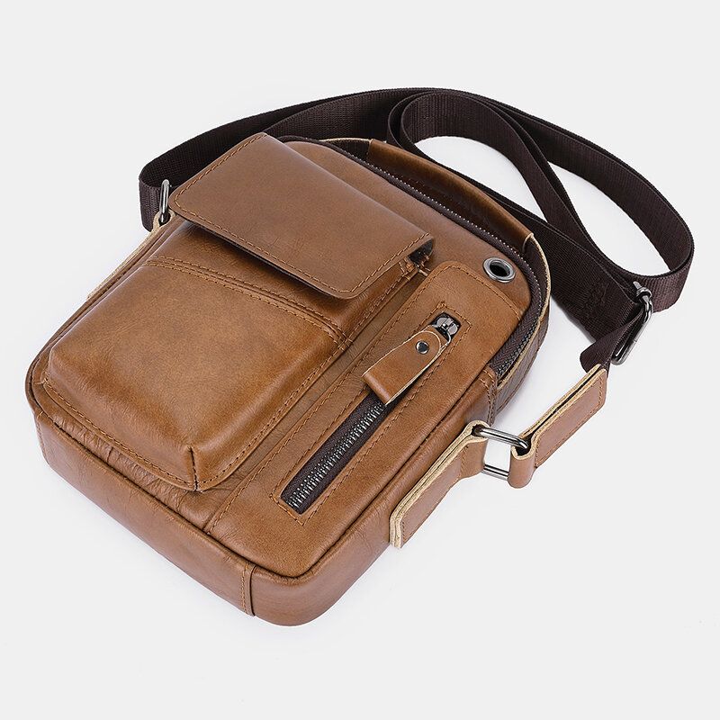 Hommes En Cuir Véritable Multi-poches Casque Trou Vintage 6.5 Pouces Téléphone Sac Bandoulière Sac À Bandoulière Messenger Porte-documents