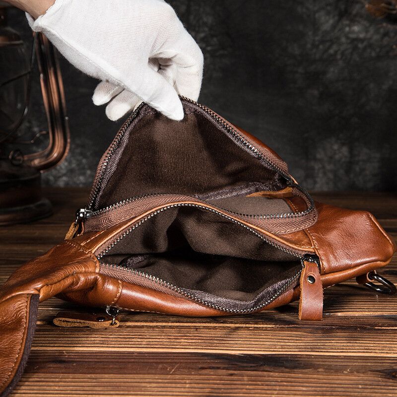 Hommes En Cuir Véritable Multi-poches Rétro 9 Pouces Grande Capacité Étanche Téléphone Poitrine Sacs Sac À Bandoulière