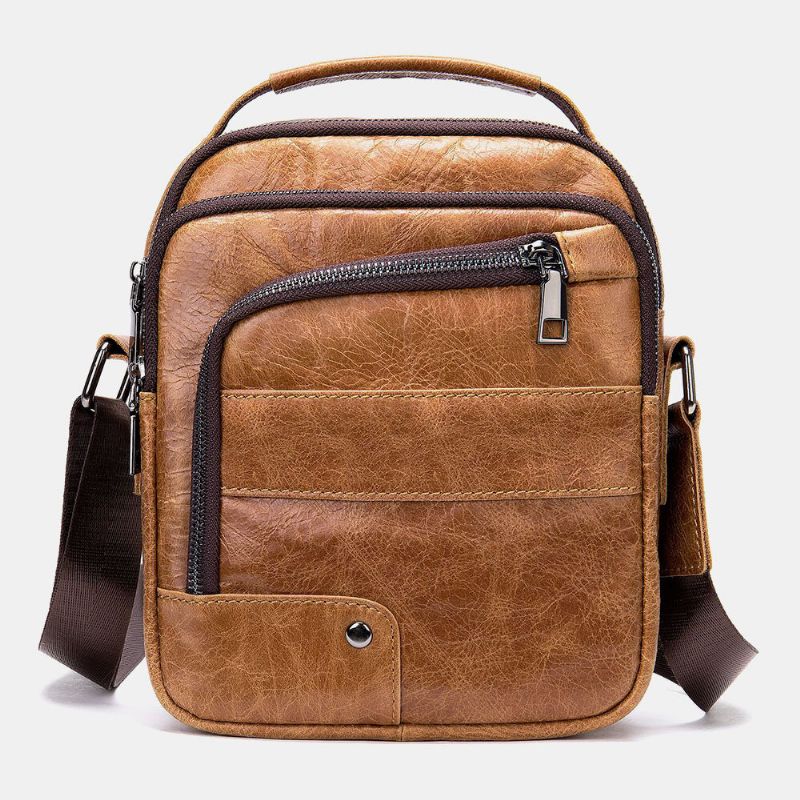 Hommes En Cuir Véritable Multi-poches Trou Pour Écouteurs Vintage Étanche Sacs À Bandoulière Sacs À Bandoulière