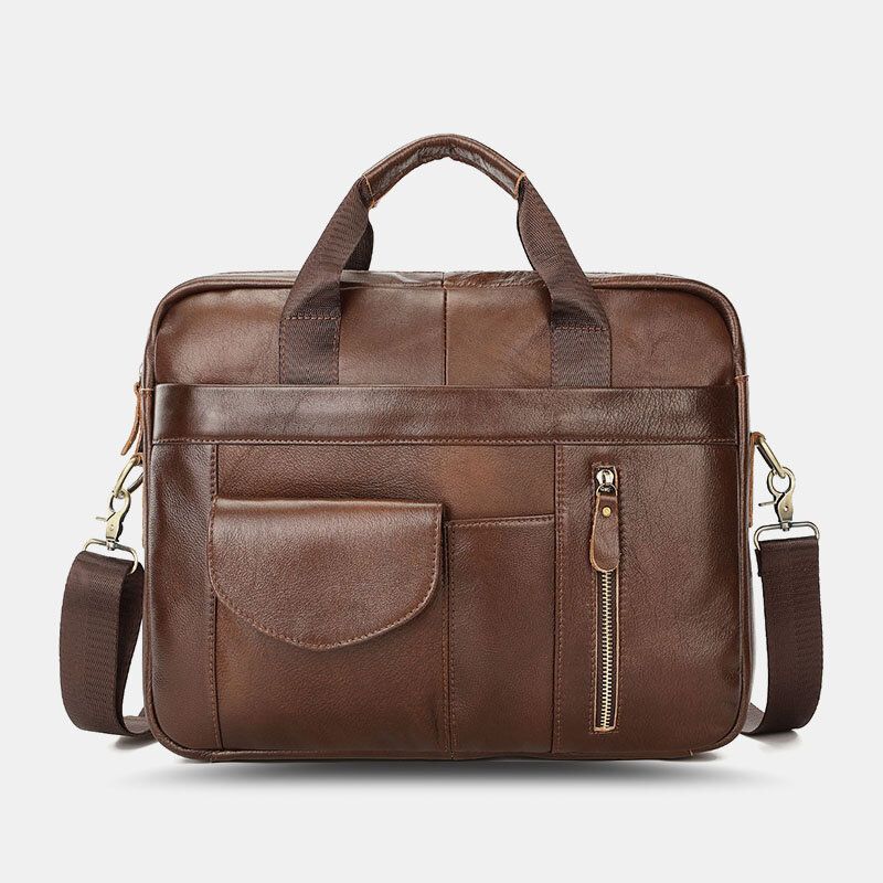 Hommes En Cuir Véritable Multi-poches Vintage 14 Pouces Sacoche Pour Ordinateur Portable Porte-documents Sac À Bandoulière Sac À Main Sac À Main