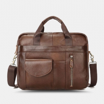 Hommes En Cuir Véritable Multi-poches Vintage 14 Pouces Sacoche Pour Ordinateur Portable Porte-documents Sac À Bandoulière Sac À Main Sac À Main