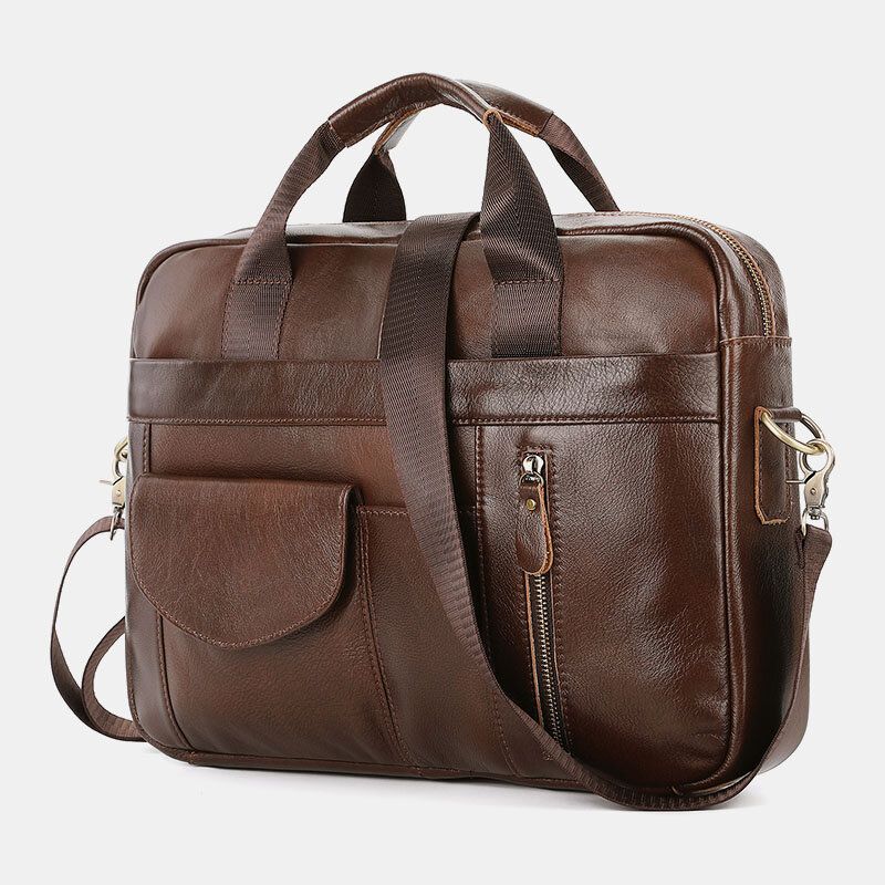 Hommes En Cuir Véritable Multi-poches Vintage 14 Pouces Sacoche Pour Ordinateur Portable Porte-documents Sac À Bandoulière Sac À Main Sac À Main