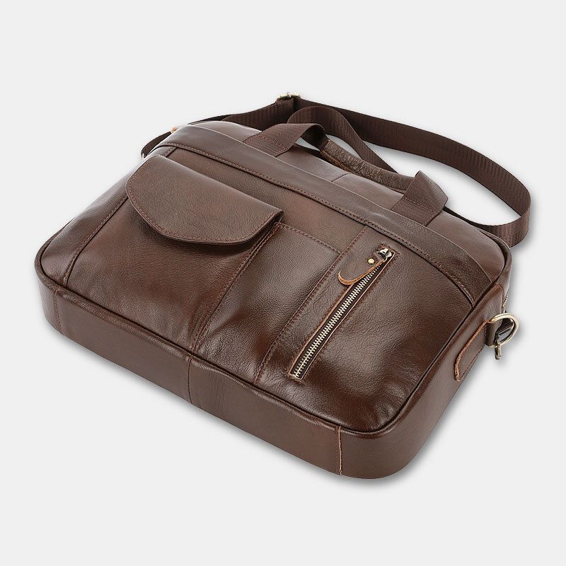 Hommes En Cuir Véritable Multi-poches Vintage 14 Pouces Sacoche Pour Ordinateur Portable Porte-documents Sac À Bandoulière Sac À Main Sac À Main