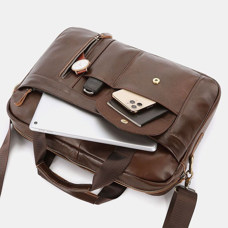 Hommes En Cuir Véritable Multi-poches Vintage 14 Pouces Sacoche Pour Ordinateur Portable Porte-documents Sac À Bandoulière Sac À Main Sac À Main