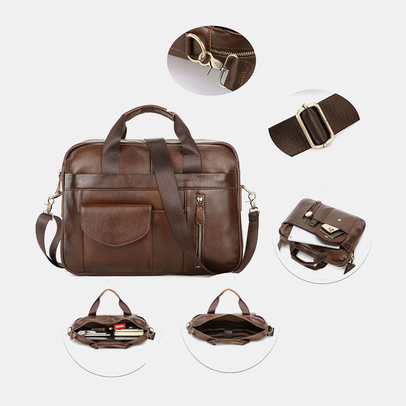 Hommes En Cuir Véritable Multi-poches Vintage 14 Pouces Sacoche Pour Ordinateur Portable Porte-documents Sac À Bandoulière Sac À Main Sac À Main