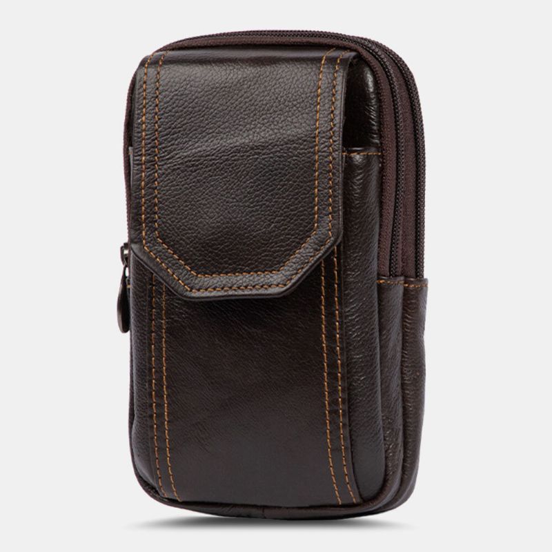 Hommes En Cuir Véritable Multifonction 6.5 Pouces Téléphone Sac Rétro Grande Capacité Étui À Cigarettes Poche Ceinture Sac Taille Sac