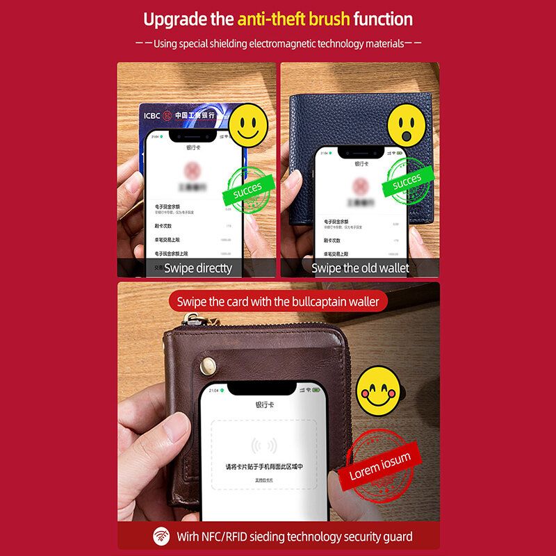 Hommes En Cuir Véritable Multifonctions À Deux Volets Portefeuilles À Glissière Rfid Anti-magnétique Multi-carte Fente Porte-carte Porte-monnaie