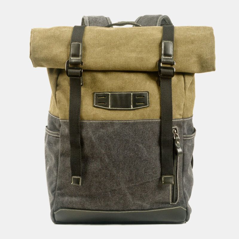 Hommes En Cuir Véritable Peau De Vache Et Toile Patchwork Extérieur Étanche Antivol Randonnée 14 Pouces Sac À Dos Pour Ordinateur Portable