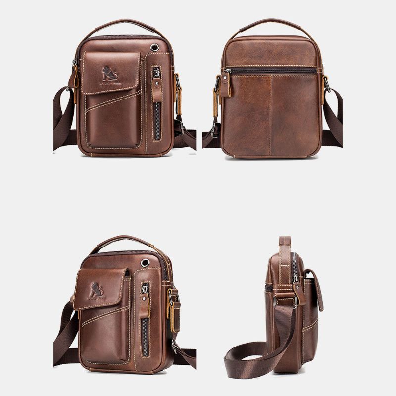 Hommes En Cuir Véritable Résistant À L'usure Casque Trou Multi-poches Vintage Sac À Bandoulière Sac À Bandoulière