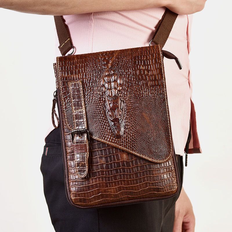 Hommes En Cuir Véritable Résistant À L'usure Crocodile Texture Casual Crossbody Bag Sac À Bandoulière