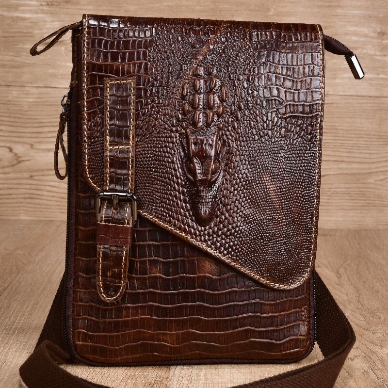 Hommes En Cuir Véritable Résistant À L'usure Crocodile Texture Casual Crossbody Bag Sac À Bandoulière