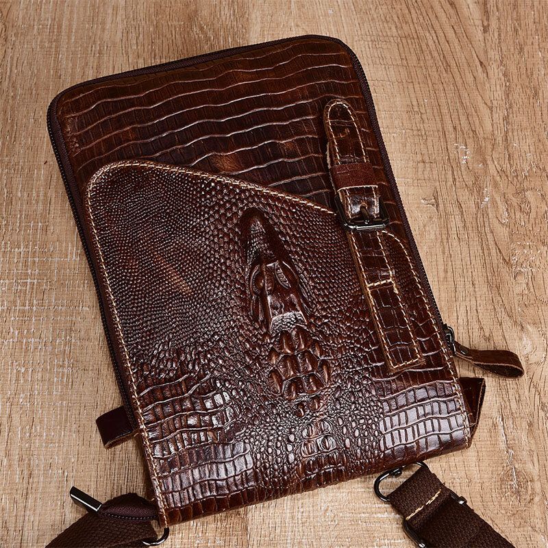 Hommes En Cuir Véritable Résistant À L'usure Crocodile Texture Casual Crossbody Bag Sac À Bandoulière