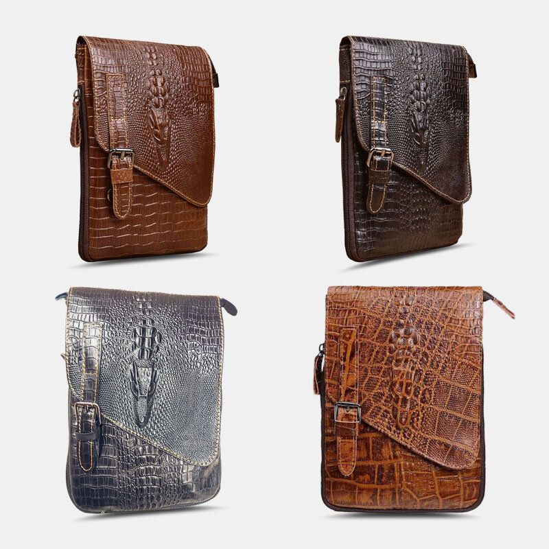 Hommes En Cuir Véritable Résistant À L'usure Crocodile Texture Casual Crossbody Bag Sac À Bandoulière