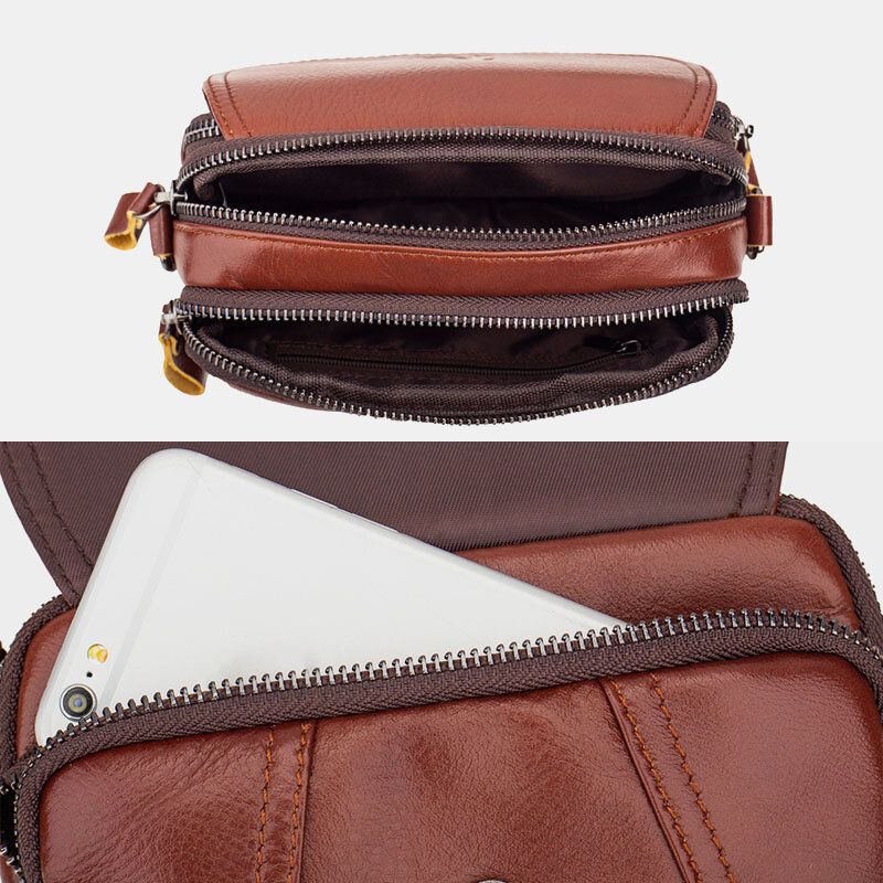 Hommes En Cuir Véritable Rétro 7.5 Pouces Sac De Téléphone Sac À Bandoulière Sac De Taille Avec Boucle De Ceinture