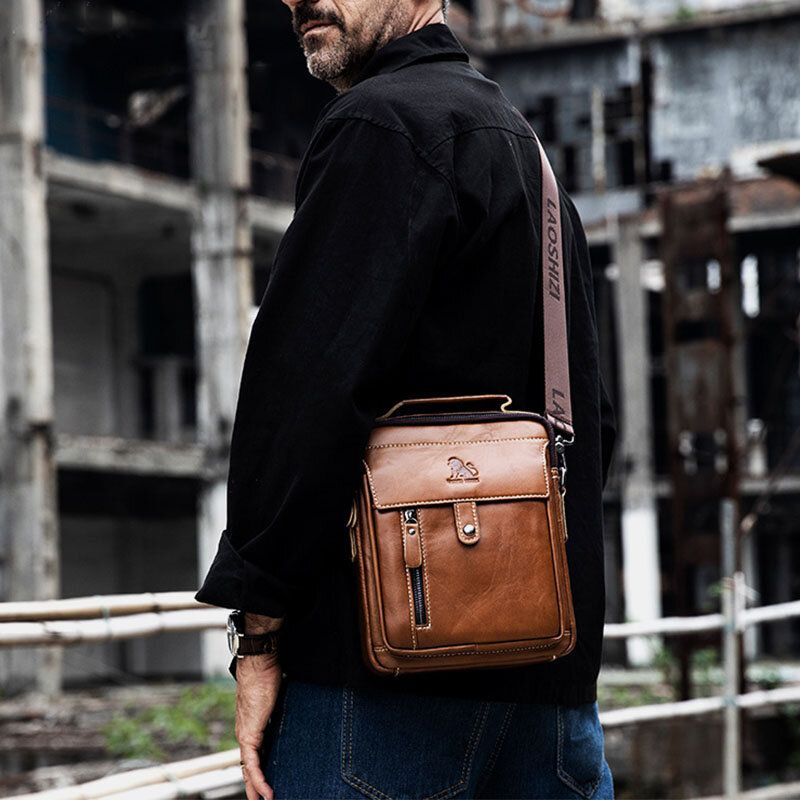 Hommes En Cuir Véritable Rétro Affaires Petit Sac À Bandoulière En Cuir De Vachette Sac À Bandoulière