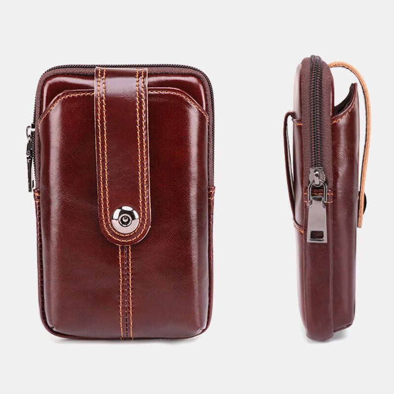 Hommes En Cuir Véritable Rétro Grande Capacité Taille Sac 6.5 Pouces Téléphone Sac Ceinture Sac