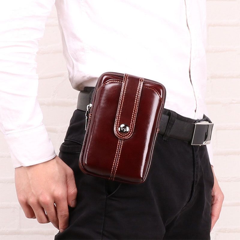 Hommes En Cuir Véritable Rétro Grande Capacité Taille Sac 6.5 Pouces Téléphone Sac Ceinture Sac