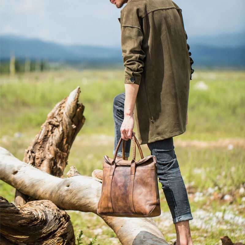 Hommes En Cuir Véritable Rétro Multi-poches 15.6 Pouces Sacoche Pour Ordinateur Portable Porte-documents Sac À Main D'affaires Sac À Bandoulière