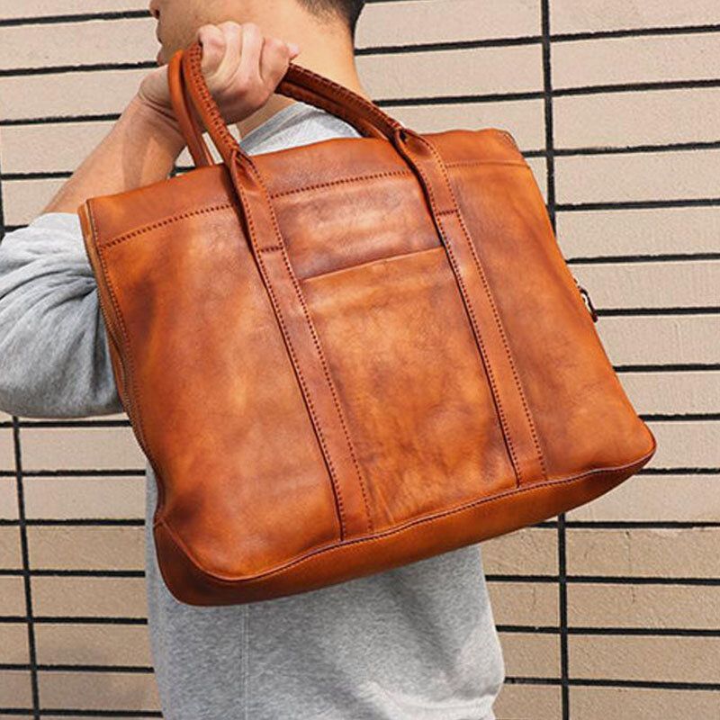 Hommes En Cuir Véritable Rétro Multi-poches 15.6 Pouces Sacoche Pour Ordinateur Portable Porte-documents Sac À Main D'affaires Sac À Bandoulière