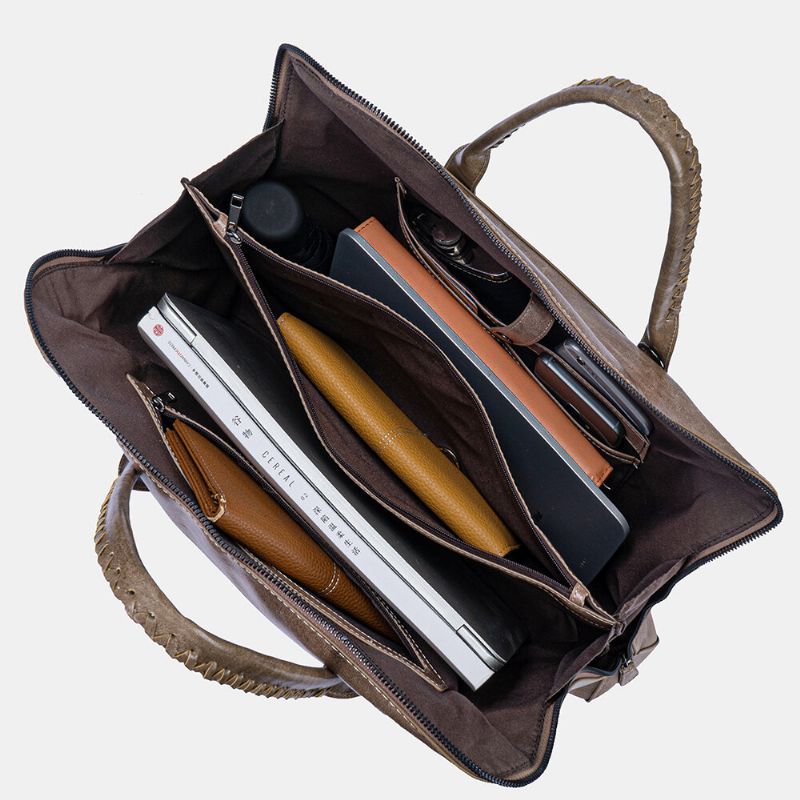 Hommes En Cuir Véritable Rétro Multi-poches 15.6 Pouces Sacoche Pour Ordinateur Portable Porte-documents Sac À Main D'affaires Sac À Bandoulière