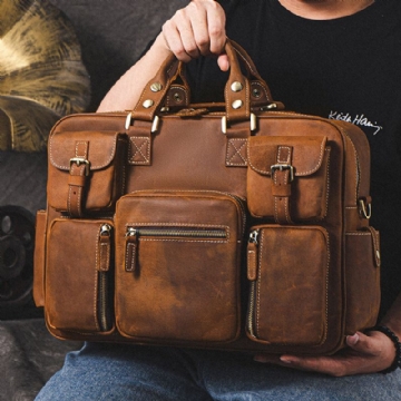 Hommes En Cuir Véritable Sangle Détachable Grand Multi-poches 15.6 Pouces Pochette D'ordinateur Porte-documents Sac De Messager Sacs À Bandoulière