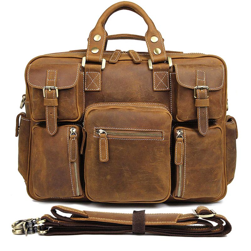 Hommes En Cuir Véritable Sangle Détachable Grand Multi-poches 15.6 Pouces Pochette D'ordinateur Porte-documents Sac De Messager Sacs À Bandoulière