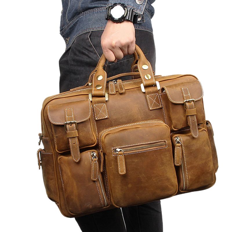 Hommes En Cuir Véritable Sangle Détachable Grand Multi-poches 15.6 Pouces Pochette D'ordinateur Porte-documents Sac De Messager Sacs À Bandoulière