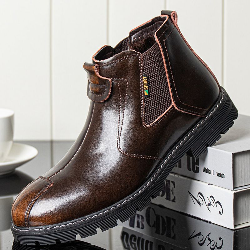 Hommes En Cuir Véritable Slip-on Slip Resistant Plus Velvet Warm Chelsea Boots Martin Boots