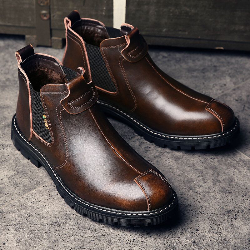 Hommes En Cuir Véritable Slip-on Slip Resistant Plus Velvet Warm Chelsea Boots Martin Boots