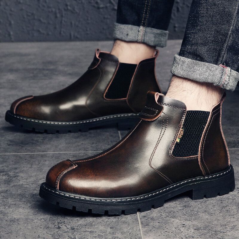 Hommes En Cuir Véritable Slip-on Slip Resistant Plus Velvet Warm Chelsea Boots Martin Boots