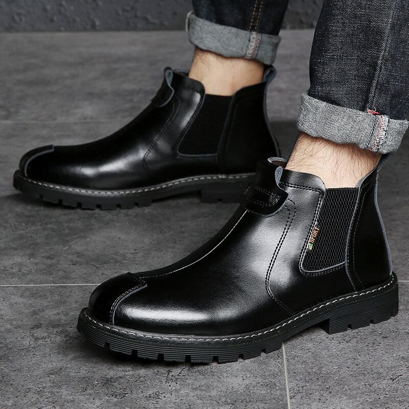 Hommes En Cuir Véritable Slip-on Slip Resistant Plus Velvet Warm Chelsea Boots Martin Boots