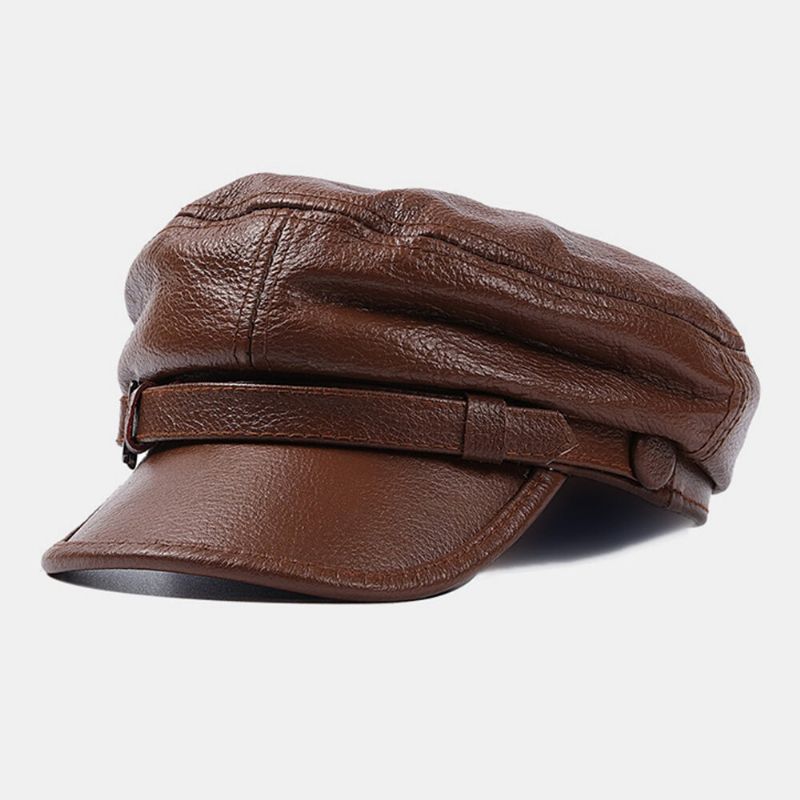 Hommes En Cuir Véritable Solide Respirant Chapeau Haut Plat Rétro Hiver Chaud Militaire Casquette Cadet Armée Casquettes