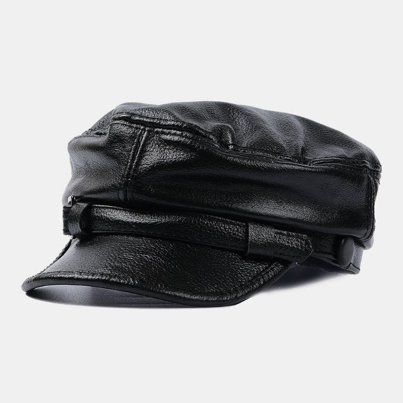 Hommes En Cuir Véritable Solide Respirant Chapeau Haut Plat Rétro Hiver Chaud Militaire Casquette Cadet Armée Casquettes