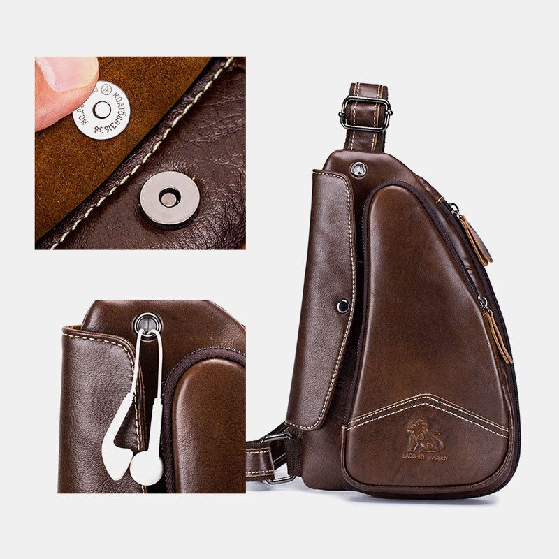 Hommes En Cuir Véritable Vachette Forme Triangle Mode Rétro Affaires Sac À Bandoulière Poitrine Sac