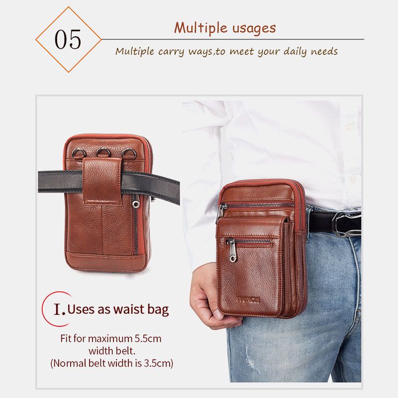 Hommes En Cuir Véritable Cuir De Vachette Multi-transport Rétro 7.2 Pouces Téléphone Sac À Bandoulière Suspendu Ceinture Sac Taille Sac