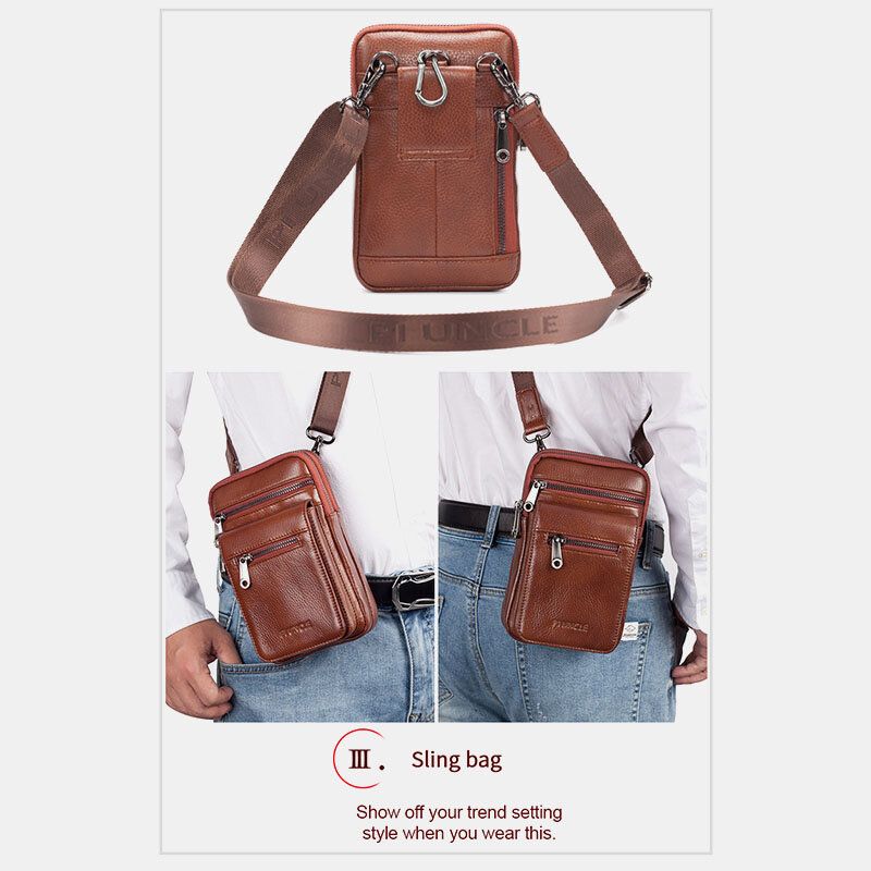 Hommes En Cuir Véritable Cuir De Vachette Multi-transport Rétro 7.2 Pouces Téléphone Sac À Bandoulière Suspendu Ceinture Sac Taille Sac