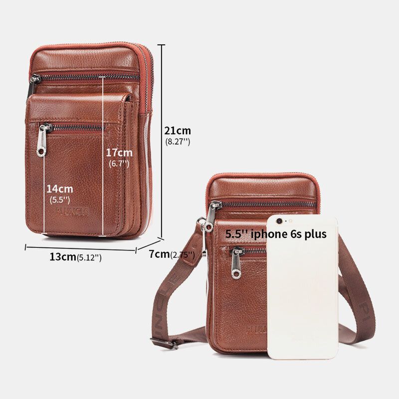 Hommes En Cuir Véritable Cuir De Vachette Multi-transport Rétro 7.2 Pouces Téléphone Sac À Bandoulière Suspendu Ceinture Sac Taille Sac