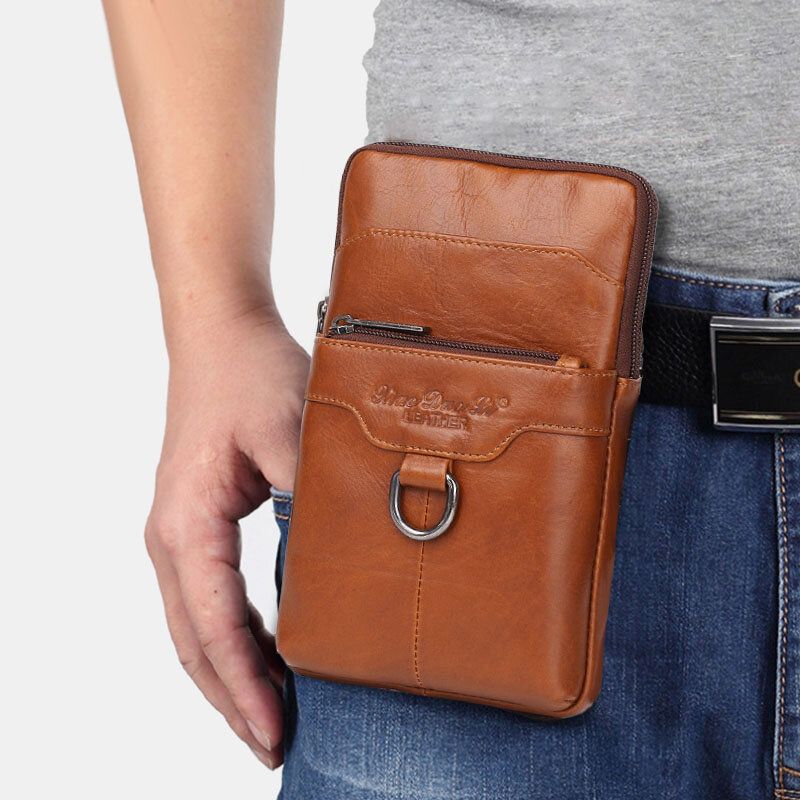 Hommes En Cuir Véritable Cuir De Vachette Vintage Affaires 6.5 Pouces Téléphone Sac Bandoulière Sac Taille Sac Bandoulière Sac