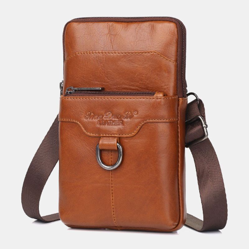 Hommes En Cuir Véritable Cuir De Vachette Vintage Affaires 6.5 Pouces Téléphone Sac Bandoulière Sac Taille Sac Bandoulière Sac