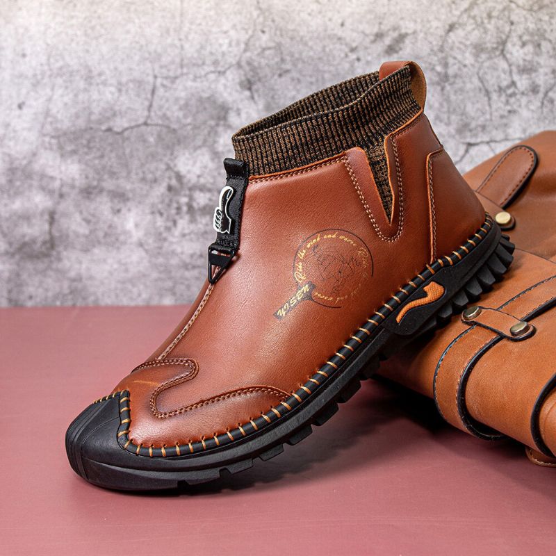 Hommes En Cuir Véritable Vintage Chelsea Fond Souple Sans Lacet Chaud Décontracté Chaussette Bottes